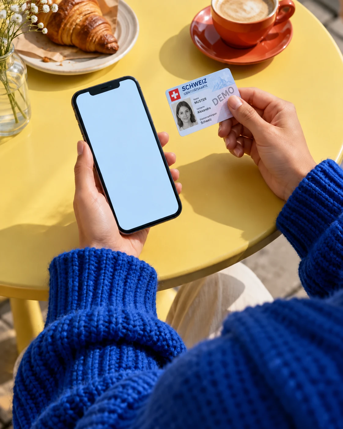 Eine Person hält eine als Demo gekennzeichnete Schweizer Identitätskarte und ein Smartphone mit einer Ausweis-Scanansicht zur Altersprüfung.