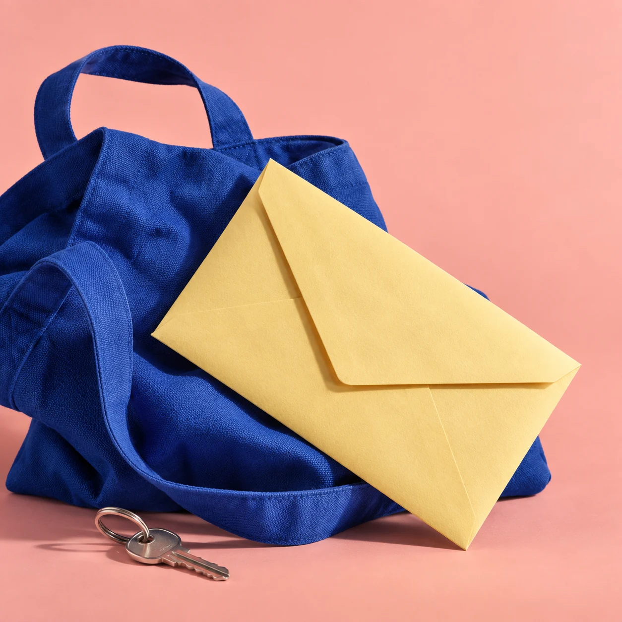 Blaue Stofftasche und ein verschlossener gelber Umschlag auf rosafarbenem Hintergrund.